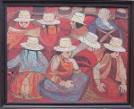 CHIRE BARRIENTOS - "Trabalhadores" (Renomado artista Boliviano). Acrílico sobre tela. Assinado e datado 80. Med. 78x97 cm e moldura 88x108 cm. Necessita restauro.