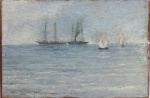 CASTAGNETO, GIOVANNI BATTISTA - (1851-1900) - "Vista de Praia" -  Pintura óleo sobre madeira, feito em tampa de caixa de charuto, assinado e datado 1884. Med. 15x23 cm.