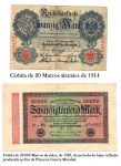 Colecionismo - Duas cédulas alemãs, uma do início da Primeira Guerra Mundial (1914) de 20 Marcos e a outra de 1923, de 20.000 Marcos, emitida durante o triste período da hiperinflação alemã. As cédulas estão em estado de conservação usadas, com dobras mas sem rasgos ou colagem. A cédula maior mede 9,5 cm X  16,0 cm. Este item não Promove ou glorifica violência ou intolerância racial. Está à venda apenas para fins de preservação da memória histórica. A organização do leilão não faz apologia a quaisquer movimentos políticos ou ideológicos, e repudia qualquer ideologia de cunho racista.