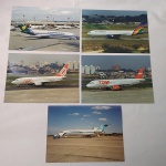 Lote com 05 Fotografias profissionais de Aviões das cias.: VIA BRASIL, TRANSBRASIL GOL, TAM e CRUZEIRO. Medem 21,5 x 15 centímetros. Destaca-se o fotógrafo Daniel Spat.