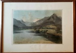 Gravura ´´ Lago e montanhas `` Friedrich August Matthias Gauermann``. Med.: Moldura: 50 cm x 67 cm; Gravura: 31 cm x 45 cm