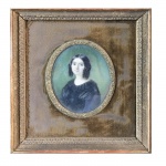 Julez Fusiez. Dama. Pintura em miniatura. Assinado e datado de 1843. Europa, Séc. XIX.  8 x 6 cm.