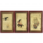 Três belas gravuras sobre papel. Japão Meiji, Séc. XIX. 38 x 26 cm, 26 x 23 cm e 38 x 26 cm.