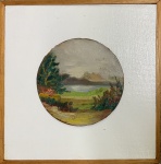Linda Paisagem, quadro oval  colocado na moldura, sem assinatura, óleo s/ madeira, medindo; 23 CM X 23 CM X 12 diâmetro.