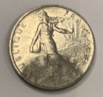 Coleção, moeda de prata, ano 1978, Republique Française, 1/2 Franc, peso: 4,5 gramas, e 2 cm diâmetro.