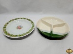 Lote composto de prato de sopa e petisqueira em porcelana. Medindo a petisqueira com 3 divisões 24cm de diâmetro x 4cm de altura.