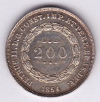 Moeda de prata, Brasil império, 200 reis de 1854, coroa com espinhos, P 572