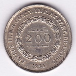 Moeda de prata, Brasil império, 200 reis de 1854, coroa com pérolas, P 572a