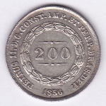 Moeda de prata, Brasil império, 200 reis de 1856, coroa com pérolas, ponto no zero, P 574a