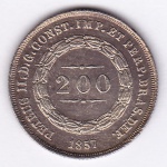 Moeda de prata, Brasil império, 200 reis de 1857, coroa com pérolas, P 575a