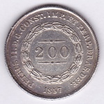 Moeda de prata, Brasil império, 200 reis de 1857, coroa com pérolas em chamas, P 575a