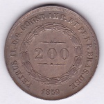 Moeda de prata, Brasil império, 200 reis de 1859, coroa com espinhos, P 577