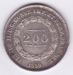 Moeda de prata, Brasil império, 200 reis de 1859, coroa com pérolas, P 577a
