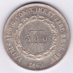 Moeda de prata, Brasil império, 500 reis de 1865, P 598