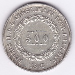 Moeda de prata, Brasil império, 500 reis de 1867, P 600