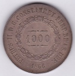 Moeda de prata, Brasil império, 1000 reis de 1866, P 614