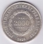 Moeda de prata, Brasil império, 2000 reis de 1858, Data Emendada, Ponto Entre Zeros, P 620