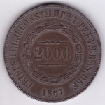 Moeda de prata, Brasil império, 2000 reis de 1867, moeda original, pátina escurecida manualmente, P 626