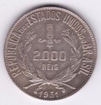 Moeda de prata, Brasil república, 2000 reis de 1931, P 717, escassa, SOB/FC
