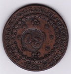 Moeda de cobre, Brasil império, 40 réis de 1823 R, com carimbo geral de 20, C 604