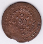 Moeda de cobre, Brasil império, 80 réis de 1826 C, Cuiabá, C 717
