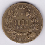 Moeda de bronze alumínio, Brasil república, 1000 reis de 1931, V 134