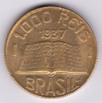 Moeda de bronze alumínio, Brasil república, 1000 reis de 1937, V 158, SOB/FC