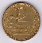 Moeda de bronze alumínio, Brasil república, 2 cruzeiros de 1945, com sigla, V 241