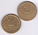 2 Moedas de bronze alumínio, Brasil república, 2 cruzeiros de 1950 e 1951, V 245 e 246