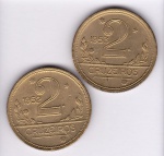2 Moedas de bronze alumínio, Brasil república, 2 cruzeiros de 1952 e 1953, V 247 e 248