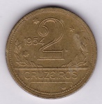Moeda de bronze alumínio, Brasil república, 2 cruzeiros de 1954, V 249, SOB/FC