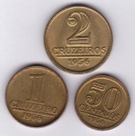 Moeda de bronze alumínio, Brasil república, 50 centavos, 1 e 2 cruzeiros de 1956, V 254/55/56, Módulo Reduzido, SOB/FC
