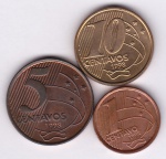 3 Moedas do Brasil república, 1, 5 e 10 centavos de 1998, V 457/464/485, FC