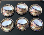 RARO conjunto de 6 xícaras chá de fina porcelana Noritake, começo do século com ouro e pintura retratando deserto - 14 cm diâmetro x 6cm altura