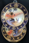 RARO conjunto de 6 pratos de fina porcelana Noritake, começo do século com ouro e pintura retratando deserto - 19 cm diâmetro