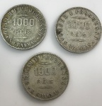 Lote de 3 moedas de prata Brasil de 1000 Réis - 1908/1911/1911