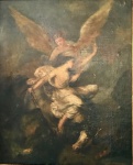 Quadro europeu, óleo sobre tela atribuído a A. Johnston representando figura feminina desnuda sobre cavalo e amparada por anjo. Séc. XVIII / XIX. Assinado no cid. Linda moldura. Aprox. 46 x 38 cm.