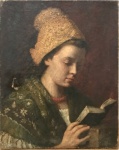 Lindo quadro europeu séc. XIX representando figura feminina segurando um livro. Pintura de altíssima qualidade. Necessita restauro. 55 x 45 cm.