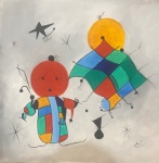 Miró - Óleo sobre tela, assinado no C.I.D. Obra med. 50x50cm. Lote vendido como Atribuído.