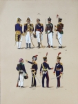 Iconografia militar. 1816 / PORTUGAL / GENERAES / CAÇADORES / 37; 1817  21 / CAÇADORES / CAVALL. DE MILICIA / CURITIBA / CAVALLARIA  PARA / 38. Prancha em cores, 31X23cm, retocada artesanalmente "<i>au puchoir</i>", original, extraída da edição especial em grande formato, de 500 cópias, do livro "<i>Uniformes Brasileiros</i>" de Wasth Rodrigues, publicado em comemoração ao Centenário da Independência do Brasil em 1922. Muito bem conservada.