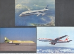 Iconografia Aeronáutica. Cartofilia. 3 postais fotográficos, coloridos, não circulados, dimensões na foto, <B>MBC</B>:<i><br></i><b>(1)</B> Holanda, editor Planeta,<i><b> KLM'S DOUGLAS DC-8 INTERCONTINENTAL JET</B></i>, ca. 1960<i><br></i><b>(2)</B> Alemanha, editor Time,<i><b> AIRBORNE POSTCARD NO. 70 / AEROPOSTIALE CARAVELLE 10R TC - ARI C/N 235 / OF ISTAMBUL HAVA YOLLARI AIRLINES / AT MUNICH/ WEST GERMAN / IN JNE 1986</B></i>, 1986; e<i><br></i><b>(3)</B> Índia, sem editor,<i><b> AIR - INDIA BOEING 707</B></i>, ca. 1960.