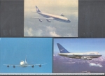 Iconografia Aeronáutica. Cartofilia. 3 postais fotográficos, coloridos, não circulados, dimensões na foto, <B>MBC</B>:<i><br></i><b>(1)</B> Holanda, ilustrador: Victor Trip, editor Planeta,<i><b> KLM'S DOUGLAS DC-8 INTERCONTINENTAL JET</B></i>, ca. 1975;<i><br></i><b>(2)</B> França, editor Air France,<i><b> BOEING 747</B></i>, ca. 1975; e<i><br></i><b>(3)</B> Itália, editor Guarani,<i><b> SYRIANAIR / 747 SP (SPECIAL PERFORMANCE)</i><i></B></i>, ca. 1975.