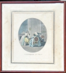 (D'Après) François Nicolas Barthélemy Dequevauviller (Abbeville 17451807 Paris).  <i>LAssemblée au Salon</i>; trecho do original do Séc. XVIII. Gravura retocada <i>au puchoir</i>, 22,3x17cm. Nódoas.