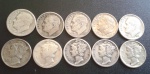 Lote 10 moedas EUA Prata DIME de 1942, 1956, 1946, 1920, 1942, 1962, 1936, 1936, 1951 e 1952 - MBC