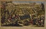 Antiga gravura francesa Séc XVII representando Exército da França ` Vue du passage du Rhim par L`armée de France` (1672)-med. 21x35cm