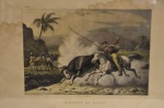 Litografia de Rugendas aquarelada de Leborne, editada por Engelmann, a partir de original de Johann Moritz Rugendas, título `Habitants de Goyaz`, século XIX. Com mancha de umidade