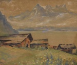 Artista não identificado, aquarela, paisagem alpina, 1953 assinado -med. 34x40cm