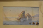 Michele Gianni (XIX - XX), aquarela italiana, Napoles, pescadores - med. 15x28cm. Possui mancha de umidade