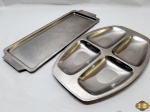 Lote composto de bandeja retangular e petisqueira com 4 divisões em aço inox. Medindo a bandeja 43,5cm x 16,5cm.