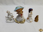 Lote de 4 bibelot, sendo 3 em porcelana e um em resina. Medindo o maior 10,5cm de altura.